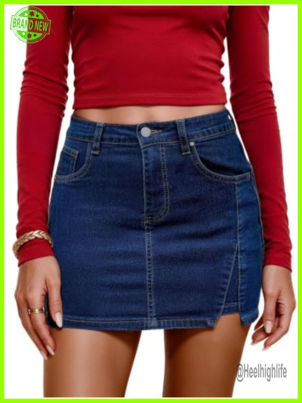 High Waisted Stretchy Denim Mini Jean Skirt Side Slit Pockets